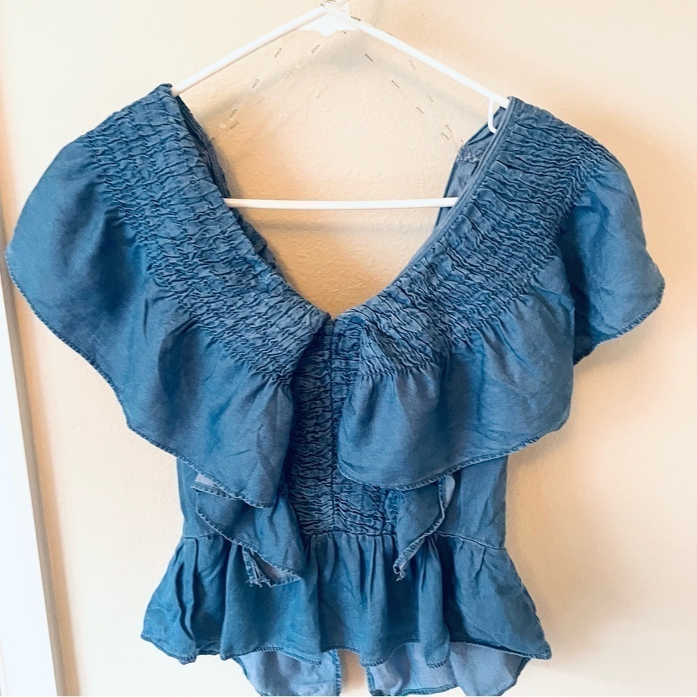 Off Shoulder Women Crop Top, Size S, Zipper in the back Color Blue